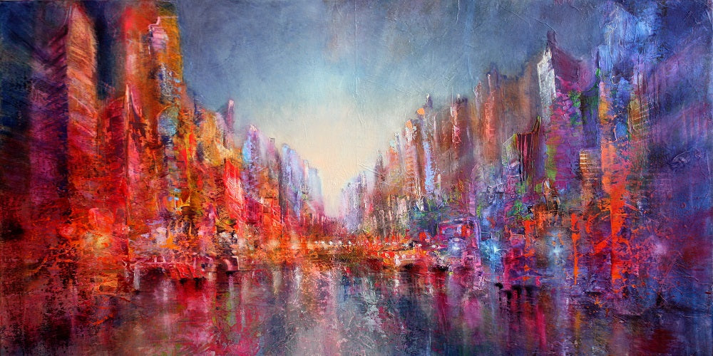 The Blue and Red City On The River Wall Mural