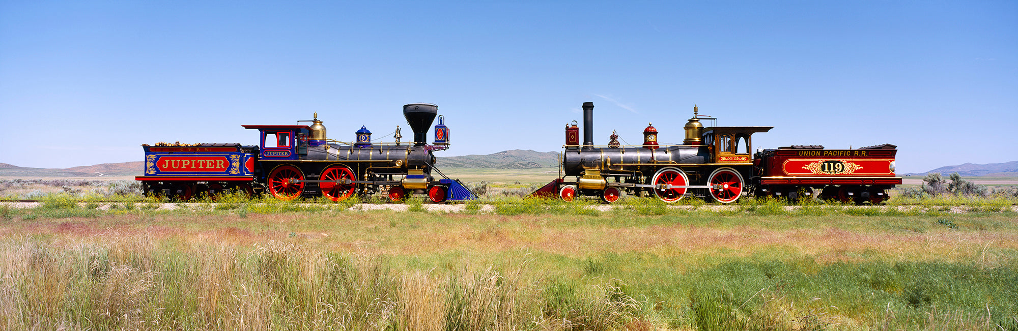 Two Steam Engines On A Railroad Track, Jupiter And 119, Golden Spike National Historic Site, Utah, USA Wall Mural