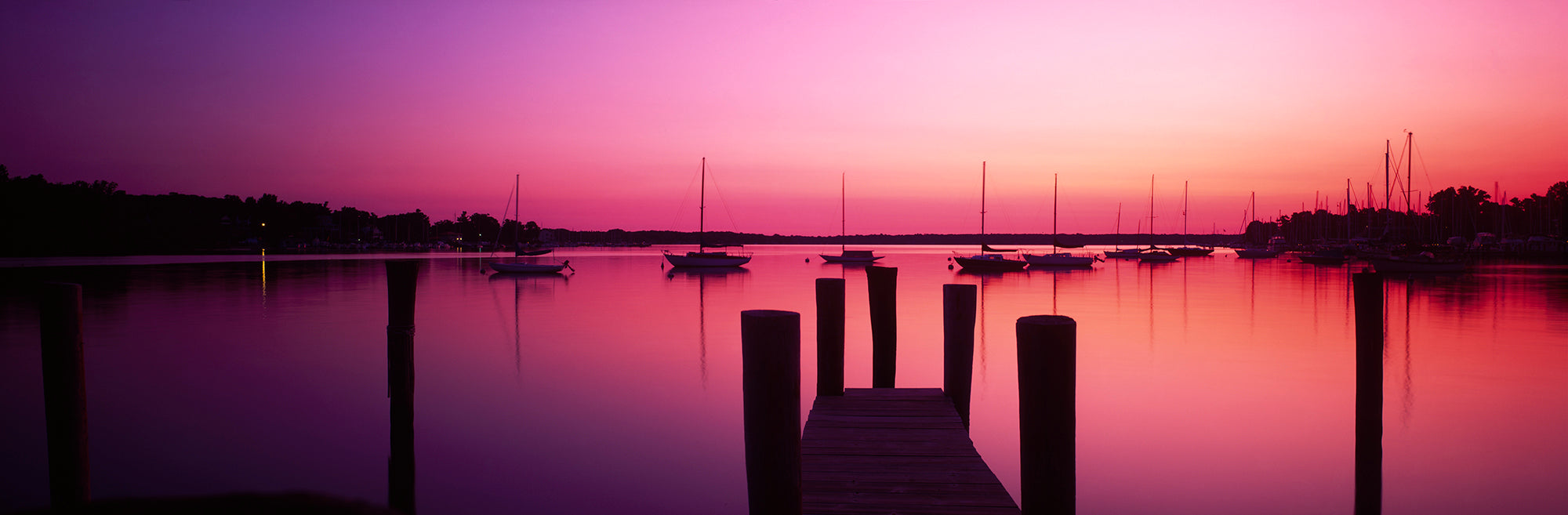 Silhouette Of Boats In A Lake At Sunset, Lake Macatawa, Holland, Ottawa County, Michigan, USA Wall Mural