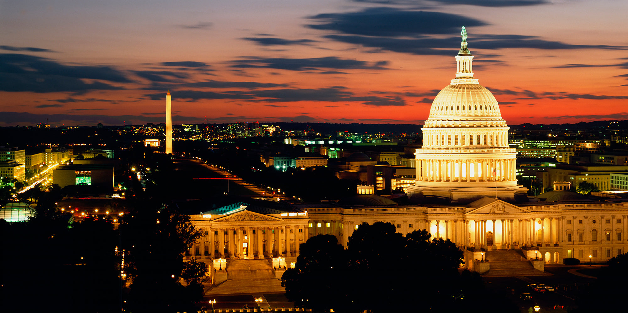 High Angle View Of A City Lit Up At Dusk, Washington DC, USA Wall Mural