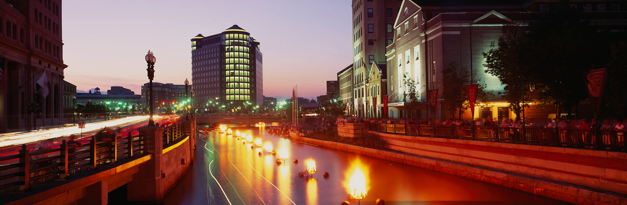 Street Lights Illuminated On The Road, Waterplace Park, Providence, Rhode Island, USA Wall Mural