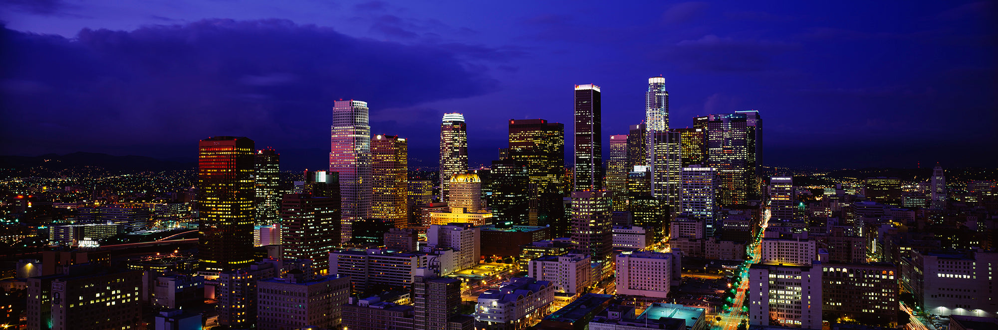 Skyscrapers Lit Up At Night, City Of Los Angeles, California, USA Wall Mural